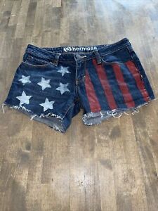 Bullhead Hermosa White Stars & Red Striped USA Flag Cut Off Jean Shorts Size 5