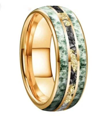8MM Men Women Tungsten Carbide Ring Moss Agate Meteorite Gold Foil Inlay Ring - Image 1 of 4