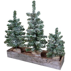 Mini Snowy Artificial Canadian Pine Trees 3 Pack Wood Bases Rustic Planter - Picture 1 of 8