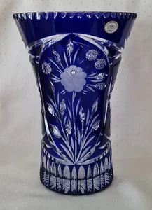 LARGE AJKA CASED CUT TO CLEAR LEAD CRYSTAL COBALT BLUE VASE, ca 10" - Picture 1 of 7