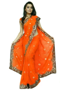 Orangefarbener Sari Braut Designer schwere Pailletten Hochzeitskleid Partykleidung Kostüm - Bild 1 von 6