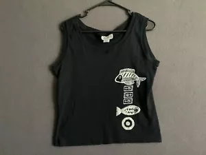 NY-5 schwarzes Tanktop Fischgräten Grafik groß 100 % Baumwolle hergestellt Vintage 90er - Bild 1 von 7