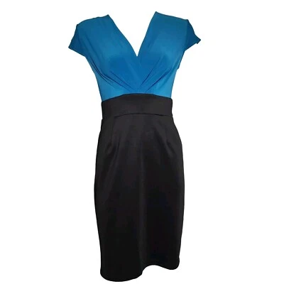 TIANA B Solid Blue and Black Cap Sleeve V Neck Zip Back Dress Womens Size 4 - Image 1 of 4