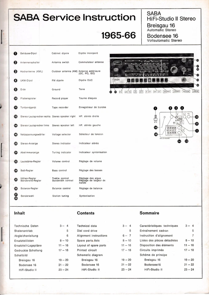 Service Manual für Saba HiFi-Studio II Stereo,Breisgau 16,Bodensee 16 1965-66  - Bild 1 von 1