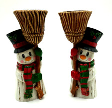 Vintage Enesco Christmas Snowman Scarf Broom Wood Metal Taper Candle Holder Pair