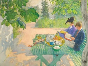 Panel de cerámica de mosaico de lectura navideña, azulejos de salpicadero arte mural de Carl Larsson - Imagen 1 de 6