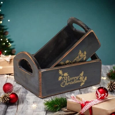 Rustic Vintage Black Merry Xmas Boxes Wooden Gift Display Storage Crate Set 2 - Image 1 of 4
