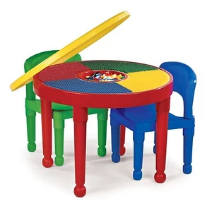 Round Plastic Construction Table 2 Chairs Play Legos Kids Dining Building Blocks - Picture 1 of 8