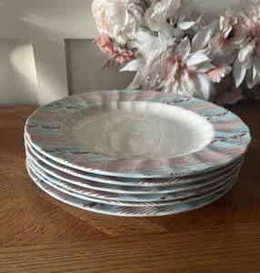 6-Johnson Bros. SILKY STRIPE Farmhouse Chic Dinner Plates Roses Roosters Cottage - Picture 1 of 13