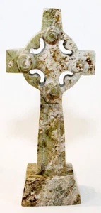 Alabaster Marble Celtic Cross Figurine 7" Tall Green Beige Brown Carved Vintage - Picture 1 of 6