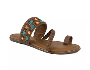 Sugar Dawson Beaded Boho Brown Faux Leather Toe Loop Slip On Flat Sandals 8.5 M - Picture 1 of 12