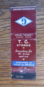 T. G. DEPARTMENT STORE MATCHBOOK COVER: LAREDO TEXAS & MEXICO MATCHCOVER -A23 - Picture 1 of 1