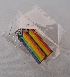 Rainbow Dangle Earrings Colorful Rectangle Pride Lightweight Wood NIP - Picture 1 of 3