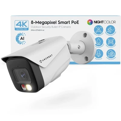 UltraHD 4K (8MP) IP PoE AI Camera, FOV 129°, 49ft Color Nightvision, Security... - Image 1 of 4