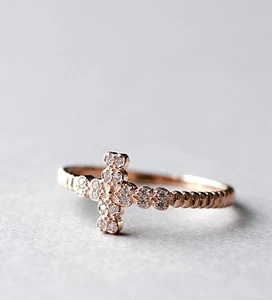14K Rose Gold Plated Silver Cross Ring Paved With Cubic Zirconia Gemstones - Picture 1 of 5