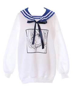 TS-303 Weiß blau Manga Grafik Matrosen Kragen Sweatshirt Oversized Pullover - Bild 1 von 8
