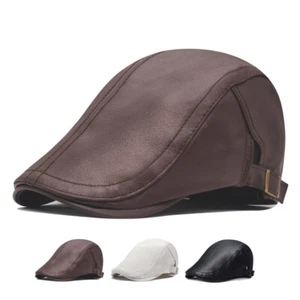 Men's Plain Faux Leather Flat Cap Gatsby Duckbill Golf Newsboy Cabbie Ivy Hat - Picture 1 of 8