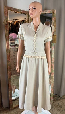 Vestido vintage de lino beige Carlye años 50 detalles macramé talla 10/12 B 38 W 29 Foto 1 de 4