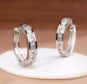 2.00 Ct Round Cut Lab-Created Diamond Huggie Hoop Earrings 14k White Gold Plated - Picture 1 of 4