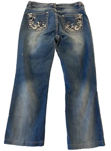Reba Jeans Womens 12 32x26 Blue Distress Crop Boot Rhinestone Embroidery *Notes* - Picture 1 of 19
