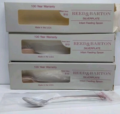 Лот из 3 винтажных посеребренных ложек для кормления младенцев Reed & Barton США новые из старых запасов запечатанные - Изображение 1 из 4