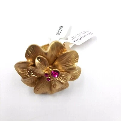 Lia Sophia Ring Retired Azalea Flower Gold Tone Fuchsia Rhinestone 5 6 7 8 Or 10 - Image 1 of 4