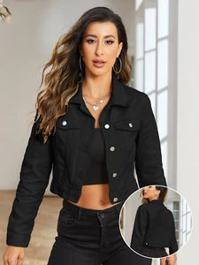 Damen Jeansjacke Übergangsjacke Schwarz Kurz Geschnittene Cropped Frühling S-XXL - Bild 1 von 9