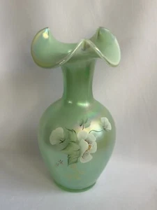 Vintage Fenton Vase Sea Green Opalescent Painted Flowers K Rickengaugh 95th Annv - Picture 1 of 17