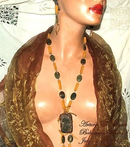JUEGO DE ARETES COLLAR CUERO ZORRO ÁGATA TALLADO TRIBAL ARTESANO ARTURO E.REYNA - Imagen 1 de 7