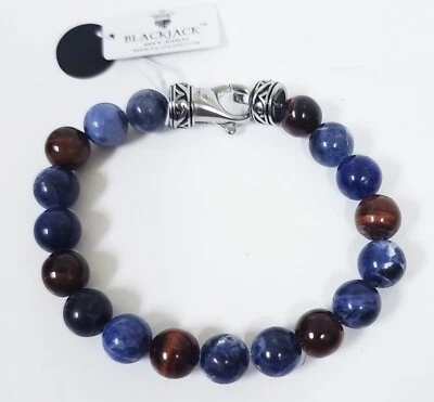 BLACKJACK SILVER TONE,BEADED GENUINE RED TIGER EYE,BLUE SODALITE STONE BRACELET - Image 1 of 4