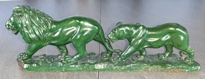 2 Löwen Skulptur aus Verdit Stein handgeschnitzt aus Afrika Signiert Matlou rar - Bild 1 von 19