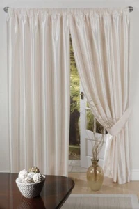 FAUX SILK CREAM CURTAINS TIE BACKS READY MADE PENCIL PLEAT NATURAL IVORY - Picture 1 of 1