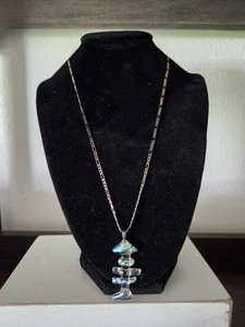 Sterling Silver Dichroic Glass Inukshuk Pendant Necklace 925 Figaro Chain 19.5" - Picture 1 of 6