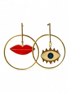 Quirky Mismatched Hoop Earrings – Enameled Eye & Red Lips Statement Earrings - Picture 1 of 6