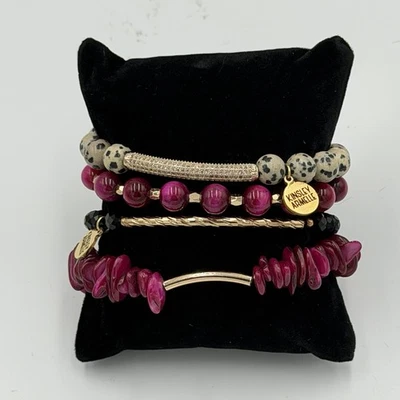 Kinsley Armelle 4 Bracelet Stack Dalmatian Jasper Pink Fuchsia Beads Gold Tone - Image 1 of 4