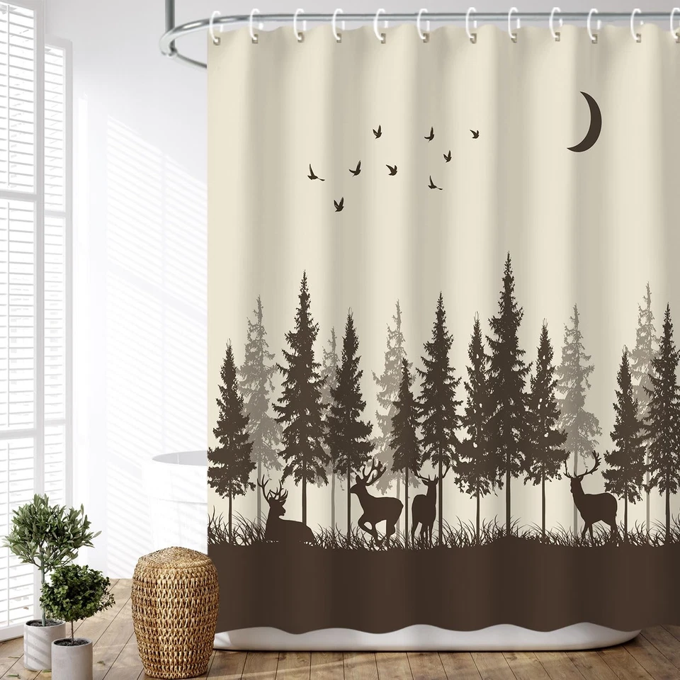 Deer Shower Curtain, Rustic Cabin 72 Inch Forest Moose Pattern Brown Shower C... - Изображение 1 из 4