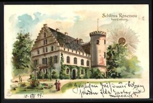 Sonnenschein-AK Coburg, Spaziergänger am Schloss Rosenau 1899 