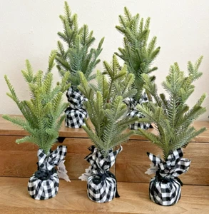 5 Faux Evergreen Tree Buffalo Plaid Fabric Wtd Base Christmas Holiday Decor-14" - Picture 1 of 5