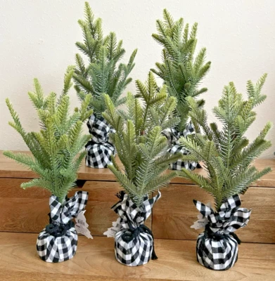 5 Faux Evergreen Tree Buffalo Plaid Fabric Wtd Base Christmas Holiday Decor-14" - Image 1 of 4