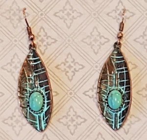 Patina Copper Leaf Acrylic Turquoise Stone Earrings Dangle Southwest Bohemian - Picture 1 of 4