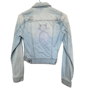 Girls Vintage Light Jean Jacket EMBROIDERED Cat Kitty Spirit Animal Ribbon sz S - Picture 1 of 9