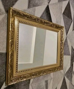Antique Vintage Beveled Hanging Mirror Deep Ornate 16×18 Inches Gold Framed - Picture 1 of 6