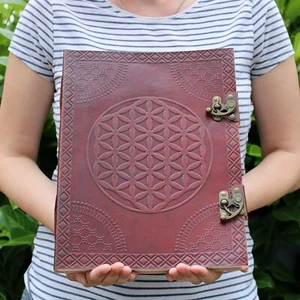 Real Leather Visitor Book Flower of Life Huge  10x13" (200 pages) Journal Diary - Picture 1 of 4