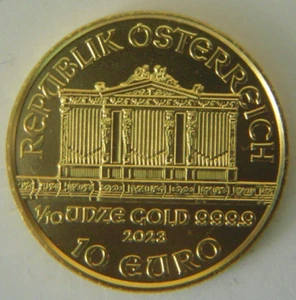 Austria Philharmonic 2023 gold coin 1/10 oz unc in plastic bag - Picture 1 of 3