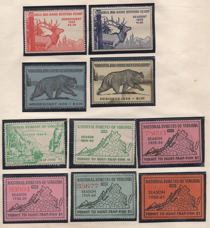 US 1938-1961 VIRGINIA BIG GAME HUNTING RESIDENT & NON-RESIDENT PERMITS TO HUNT - Image 1 of 1