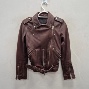 Allsaints Balfern Red Leather Punk Moto Rock Short Jacket Size Uk 4 Women's - Picture 1 of 8