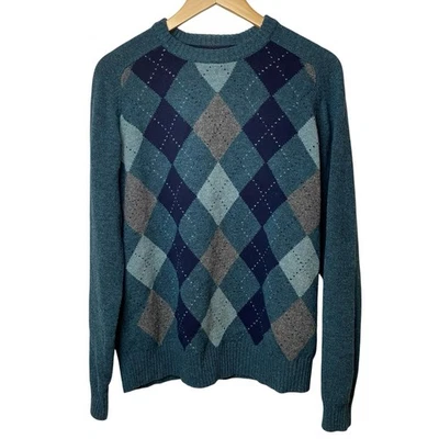 Lands End Men's Argyle 100% Wool Sweater Teal Diamond Crewneck Academia Size M - Image 1 of 4