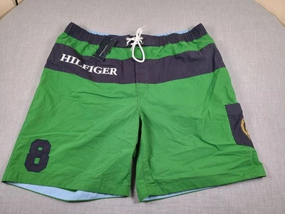Tommy Hilfiger Swim Trunks Mens 2XL Green Navy Crest Logo # 8 Board Shorts Vtg - Image 1 of 4