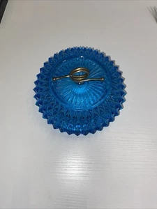 Indiana Glass Diamond Point aqua glass powder candy dish with lid metal handle - Picture 1 of 5