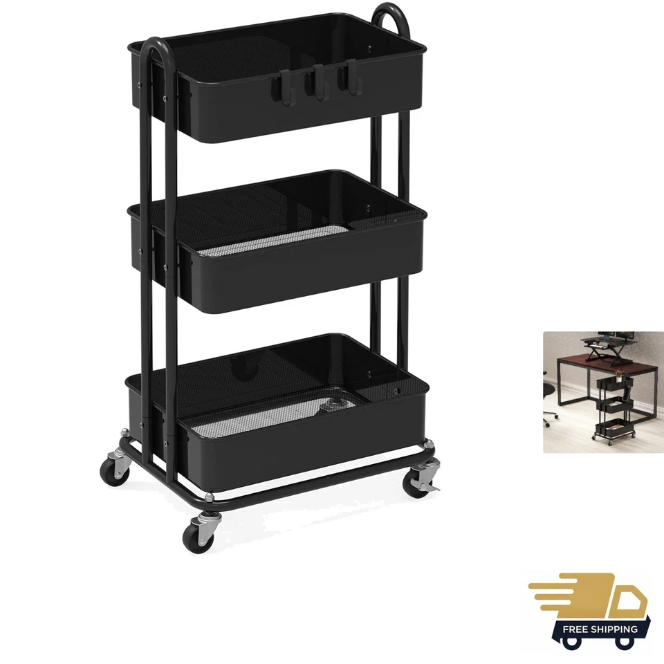 SimpleHouseware Heavy Duty 3-tier Metal Utility Rolling Cart Black
